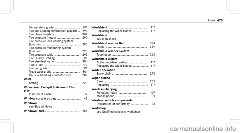 MERCEDES-BENZ CLA COUPE 2021 Owners Manual Te
mp eratur egr ade .............................. 301
Ti re and Loadi ngInfo rm atio nplacar d.. 297
Ti re charact eristic s........................ ...... 304
Ti re pressur e(no tes) .............. MERCEDES-BENZ CLA COUPE 2021 Owners Manual Te
mp eratur egr ade .............................. 301
Ti re and Loadi ngInfo rm atio nplacar d.. 297
Ti re charact eristic s........................ ...... 304
Ti re pressur e(no tes) ..............