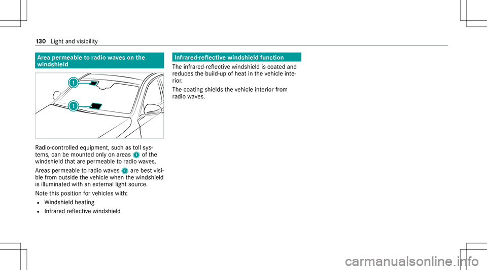 MERCEDES-BENZ GT 4-DOOR COUPE 2021  AMG Owners Manual Ar
ea per mea bletoradio wav eson the
wind shield Ra
dio-co ntro lled equipmen t,suc has tollsy s‐
te ms, can bemount edonly onareas 1ofthe
winds hieldthat areper meabl eto radio wav es.
Ar eas perm