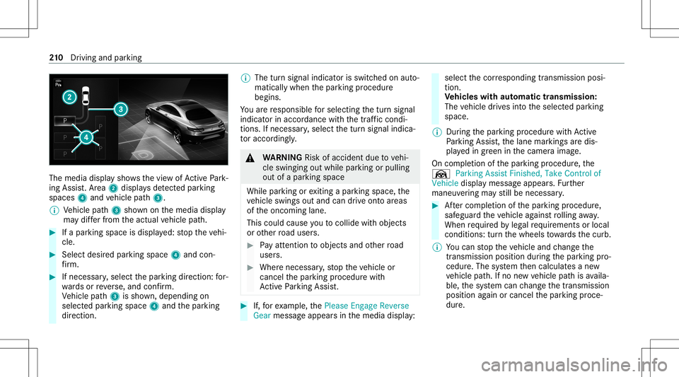 MERCEDES-BENZ GLB SUV 2021  Owners Manual The
media displaysho wsthevie wof ActivePa rk‐
ing Assist. Ar ea 2 displa ysdetected parking
spaces 4and vehicle path3.
% Vehicle path3 shownonthemedia display
ma ydif ferfr om theactual vehicle pat