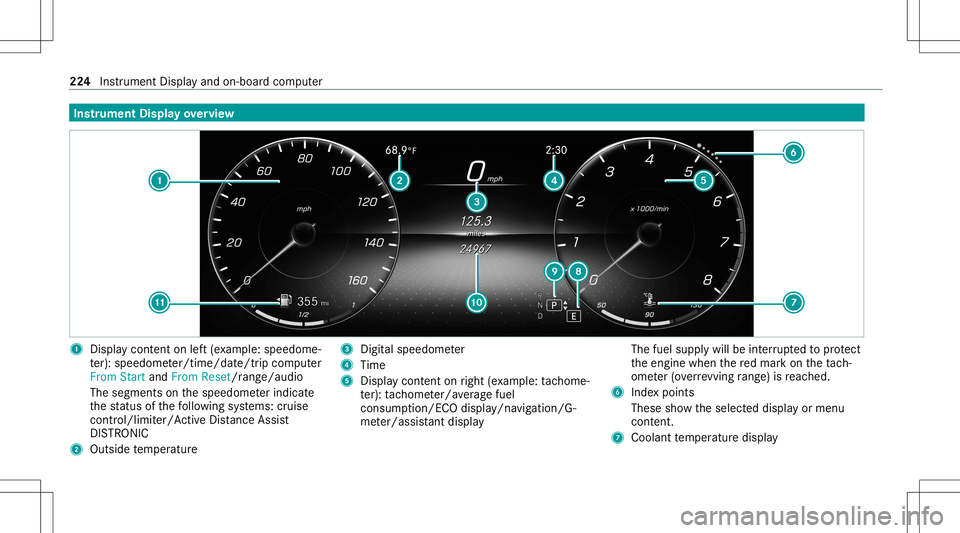 MERCEDES-BENZ GLB SUV 2021  Owners Manual Ins
trum ent Disp layove rview 1
Displa ycon tent on left (exa mp le:speedom e‐
te r): spee dome ter/time/dat e/tripcom puter
From StartandFrom Reset/rang e/au dio
The segments onthespeedome terindi