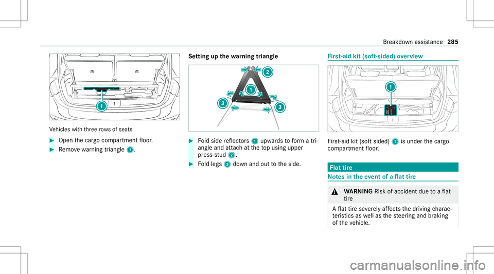 MERCEDES-BENZ GLB SUV 2021  Owners Manual Ve
hicles withth re erow sof seats #
Open thecar gocom partmen tfloor . #
Remo vewarning triang le1. Se
tting upthewa rning triang le #
Foldside reflect ors1 upw ards toform atri‐
ang leand attachat