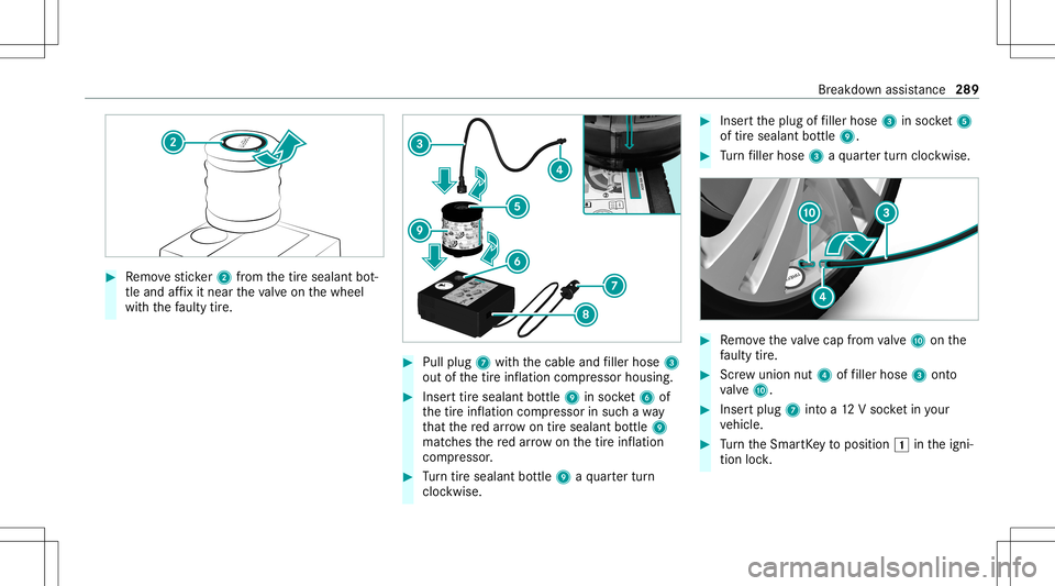 MERCEDES-BENZ GLB SUV 2021  Owners Manual #
Remo vesticke r2 from thetir esealant bot‐
tle and affix it nea rth eva lve on thewheel
wit hth efa ulty tire. #
Pull plug 7withth ecable andfiller hose 3
out ofthetir einf lation compressor housi