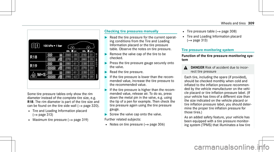 MERCEDES-BENZ GLB SUV 2021  Owners Manual Some
tirepr ess ureta bles onlysho wtherim
diame terins tead ofthecom pletetiresize, e.g.
R1 8.The rim dia me teris par tof thetir esize and
can befound onthetir eside wall(/ page320 ).
R Tire and Loa