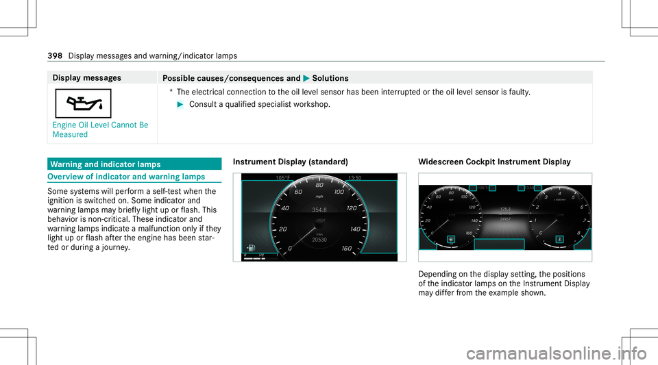 MERCEDES-BENZ GLB SUV 2021  Owners Manual Disp
laymes sages
Possible causes/conseq uencesand0050 0050
Solutions
00B3 En gine OilLevel Cannot Be
Measured *T
heelectr icalconn ection totheoil leve lsen sor has been interru pte dor theoil leve l