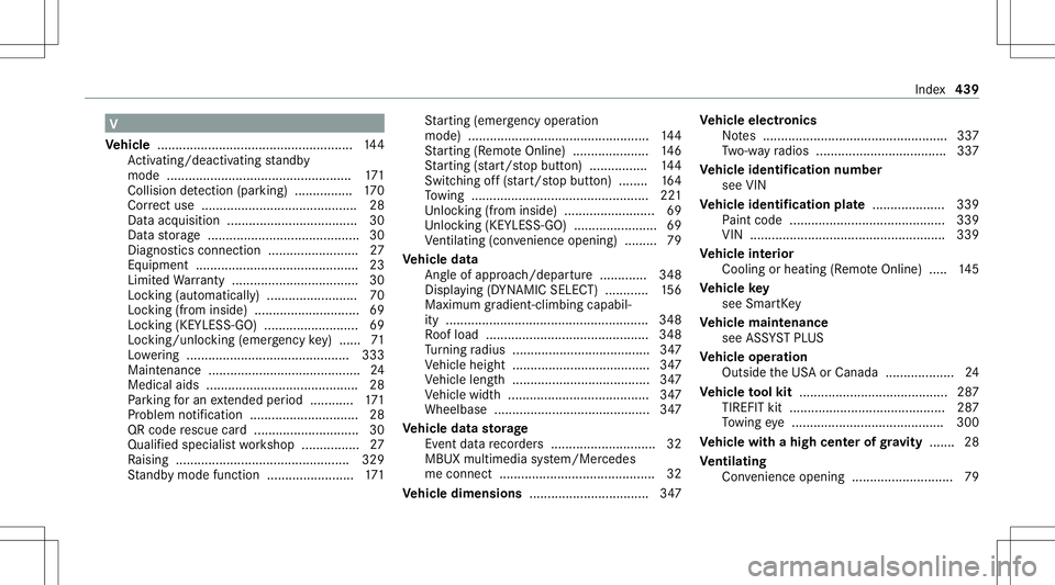 MERCEDES-BENZ GLB SUV 2021  Owners Manual V
Ve hicl e...... ............ .................................... 144
Ac tivati ng/d eactiv ating standb y
mode ...................................................1 71
Collis iondetection (parking) 