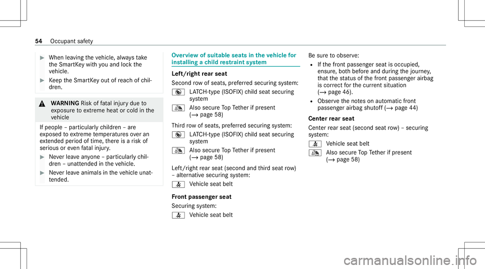 MERCEDES-BENZ GLB SUV 2021  Owners Manual #
When leaving theve hicle, alwaysta ke
th eSmar tKey wit hyo uand lockth e
ve hicle. #
Keep theSmar tKey out ofreac hof chil‐
dr en. &
WARNIN GRisk offata linj urydue to
ex posur eto extreme heat o