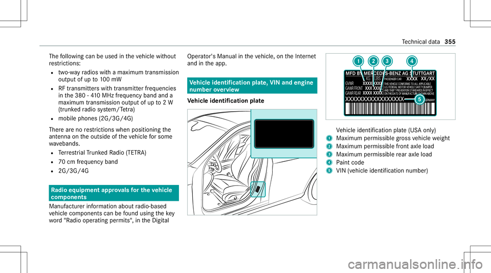 MERCEDES-BENZ GLE COUPE 2021  Owners Manual The
follo wing canbeused intheve hicle without
re strictions :
R two-w ayradios withamaximum transmis sion
output ofup to100mW
R RFtransmi tter swit htransmi tter freq uenci es
in the380 -41 0MHz freq