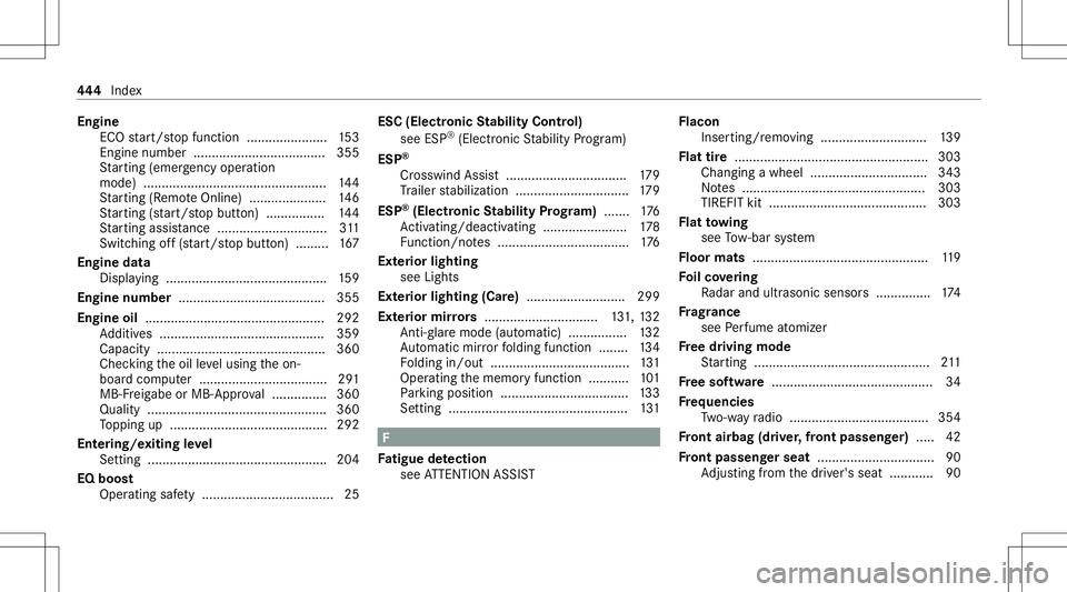 MERCEDES-BENZ GLE COUPE 2021  Owners Manual Engine
ECOstar t/ stop funct ion......................1 53
Engine number....... ....... ......................355
St artin g(eme rgency operation
mode) ...... .........................................