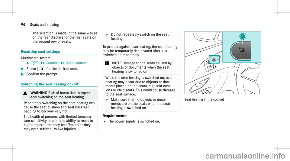 MERCEDES-BENZ GLE COUPE 2021 Owners Manual The
selection ismade inthesame wayas
on there ar displa ysforth ere ar seat son
th esecon dro w of seat s. Re
setting seat settings Multimedia
system:
4 © 5
Comfort 5
Seat Comfort #
Select 00D1forth MERCEDES-BENZ GLE COUPE 2021 Owners Manual The
selection ismade inthesame wayas
on there ar displa ysforth ere ar seat son
th esecon dro w of seat s. Re
setting seat settings Multimedia
system:
4 © 5
Comfort 5
Seat Comfort #
Select 00D1forth