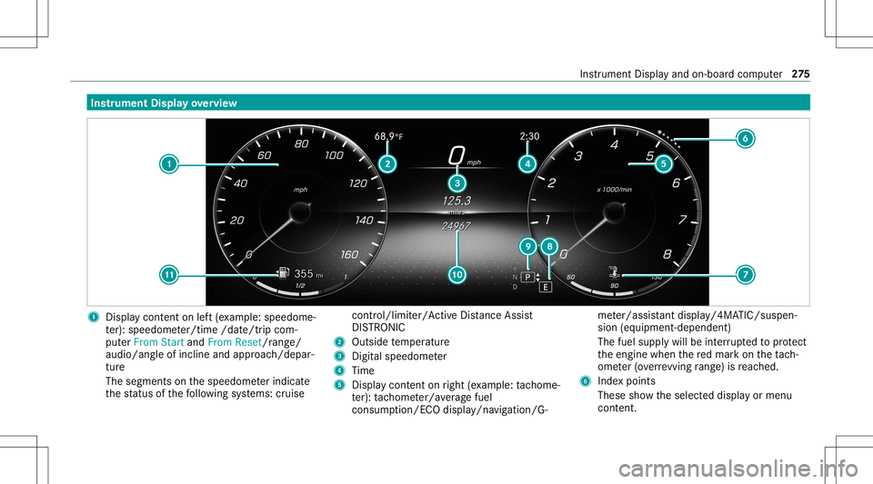 MERCEDES-BENZ GLS SUV 2021  Owners Manual Ins
trum ent Disp layove rview 1
Displa ycon tent on left (exa mp le:speedom e‐
te r): spee dome ter/time /date/tripcom‐
put erFrom StartandFrom Reset/rang e/
au dio/a ngleof incline andapproac h/