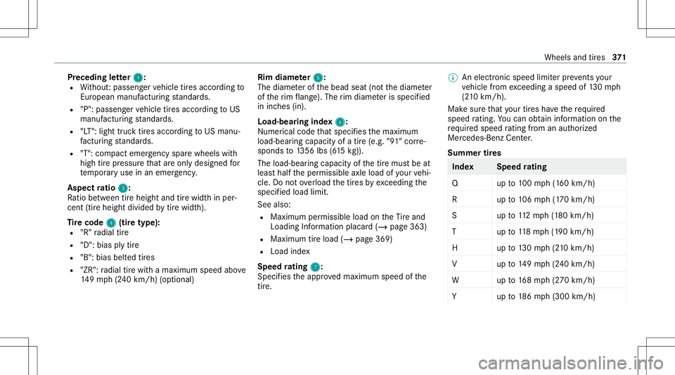 MERCEDES-BENZ GLS SUV 2021 Owners Manual Pr
eceding letter 1 1:
R Without :passeng ervehicle tires accor dingto
Eur opeanma nuf actu ring standar ds.
R "P": passe nger vehicle tires accor dingtoUS
manuf acturingstandar ds.
R "LT& MERCEDES-BENZ GLS SUV 2021 Owners Manual Pr
eceding letter 1 1:
R Without :passeng ervehicle tires accor dingto
Eur opeanma nuf actu ring standar ds.
R "P": passe nger vehicle tires accor dingtoUS
manuf acturingstandar ds.
R "LT&