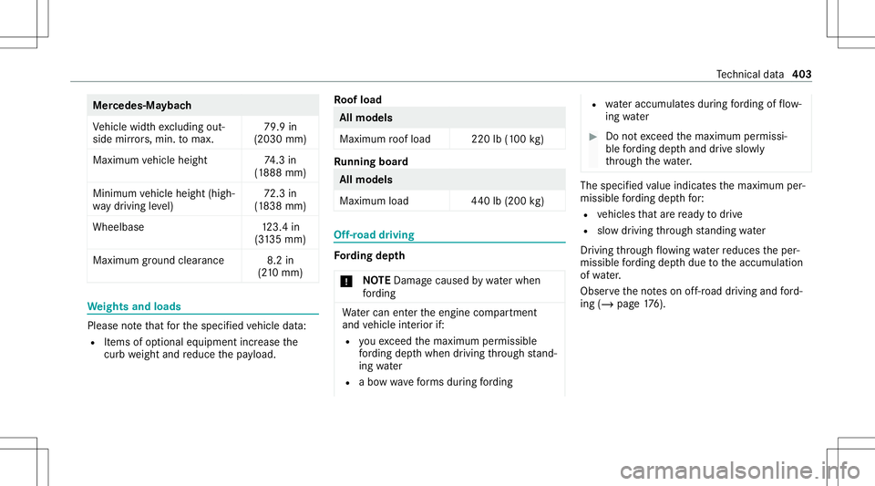 MERCEDES-BENZ GLS SUV 2021  Owners Manual Mer
cede s‑Maybac h
Ve hicle widthexc luding out‐
side mirrors,min. tomax. 79.9
in
(2030 mm)
Maximu mvehicle height 74.3 in
(1 888 mm)
Mini mum vehicle height (high‐
wa ydr ivin gleve l) 72
.3 i