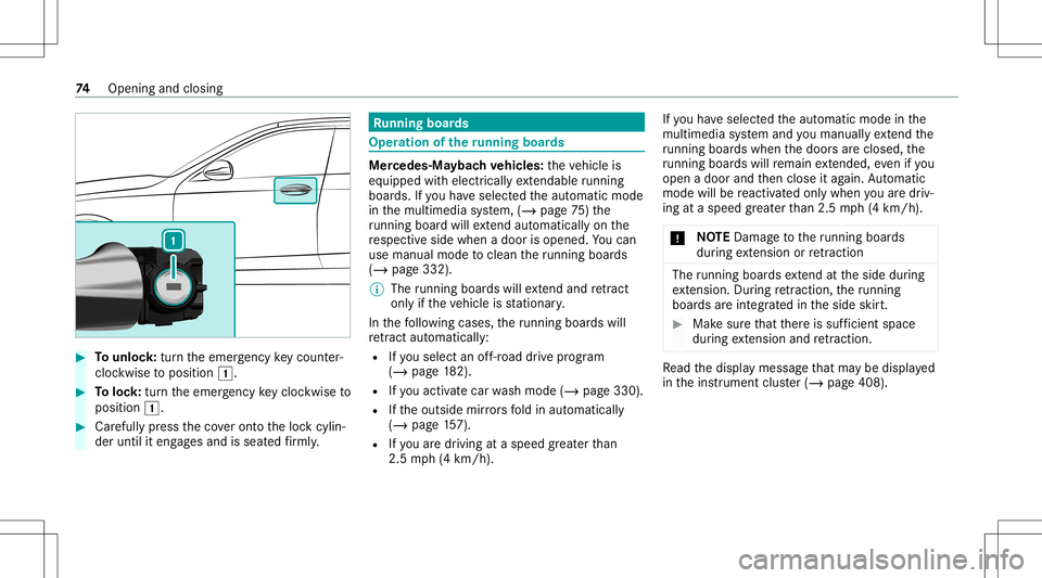 MERCEDES-BENZ GLS SUV 2021 Owners Manual #
Tounlo ck:tur nth eemer gency keyco unt er-
clo ckwise toposition 0047. #
Toloc k:tur nth eemer gency keyclo ckwise to
position 0047. #
Carefully press theco veront oth eloc kcyli n‐
der until ite MERCEDES-BENZ GLS SUV 2021 Owners Manual #
Tounlo ck:tur nth eemer gency keyco unt er-
clo ckwise toposition 0047. #
Toloc k:tur nth eemer gency keyclo ckwise to
position 0047. #
Carefully press theco veront oth eloc kcyli n‐
der until ite