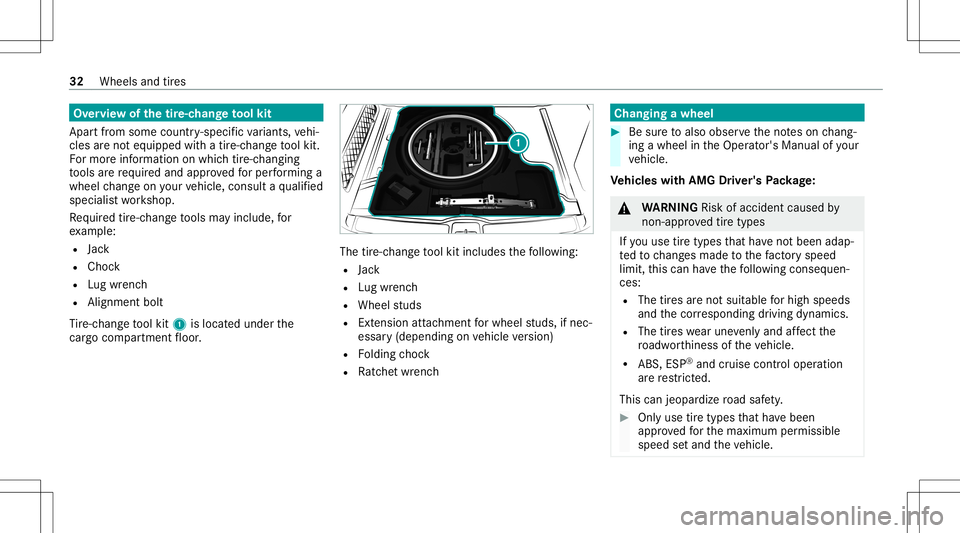 MERCEDES-BENZ GLS SUV 2021 AMG Owners Manual Ov
ervie wof thetir e-c han getool kit
Apar tfr om some country- specif icvariant s,vehi‐
cles areno teq uipped withatir e-c hang eto ol kit.
Fo rmor einf ormation onwhi chtire-c hangi ng
to ols are MERCEDES-BENZ GLS SUV 2021 AMG Owners Manual Ov
ervie wof thetir e-c han getool kit
Apar tfr om some country- specif icvariant s,vehi‐
cles areno teq uipped withatir e-c hang eto ol kit.
Fo rmor einf ormation onwhi chtire-c hangi ng
to ols are