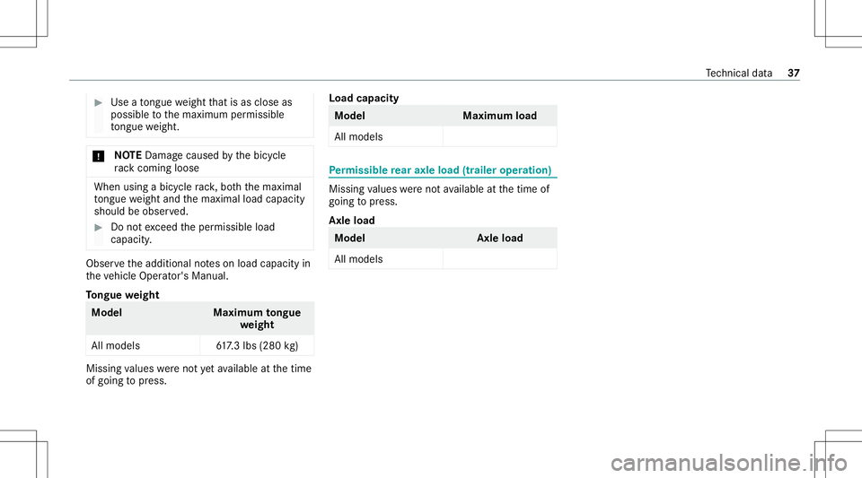MERCEDES-BENZ GLS SUV 2021  AMG Owners Manual #
Use ato ngu ewe ight that isas clo seas
poss ibletothemaximum permissible
to ngu ewe ight . *
NO
TEDama gecau sed bythebicy cle
ra ck comi ngloose Whe
nus ing abi cy cle rack ,bo th themaximal
to ng