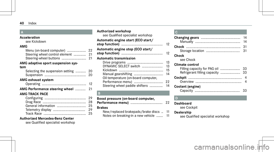 MERCEDES-BENZ GLA SUV 2021  AMG Owners Manual A
Ac celer ation
see Kickdo wn
AMG Men u(on -boardcom puter) .................... 22
St eer ing wheel control element ...... .......2 1
St eer ing-wheel buttons .......................... 21
AMG adapt