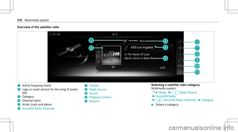 MERCEDES-BENZ C-CLASS CABRIOLET 2021  Owners Manual Ov
ervie wof thesat ellit era dio 1
Activefreq uency band
2 Logoor coverpictur efo rth esong (ifavaila‐
ble)
3 Categor y
4 Chan nelnam e
5 Artis t,trac kand album
6 SiriusXM RadioChannels 7
Pres ets