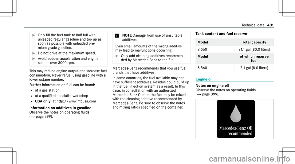 MERCEDES-BENZ S-CLASS CABRIOLET 2021  Owners Manual #
Onlyfill th efuel tank tohalf fullwith
unleaded regular gasoline andtopup as
soon aspossible withunleaded pre‐
mium grade gasoline. #
Donotdr ive at themaximum speed. #
Avoid sudden accelerationan