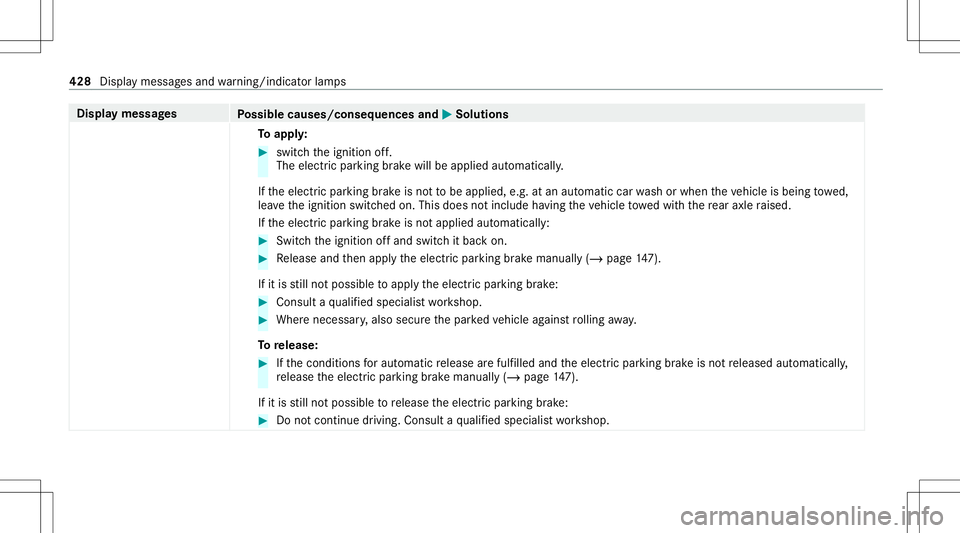 MERCEDES-BENZ S-CLASS CABRIOLET 2021  Owners Manual Disp
laymes sages
Possible causes/conseq uencesand0050 0050
Solutions
To appl y: #
switc hth eignition off.
The electr icpar king brak ewill beapplied automaticall y.
If th eelectr icpar king brak eis