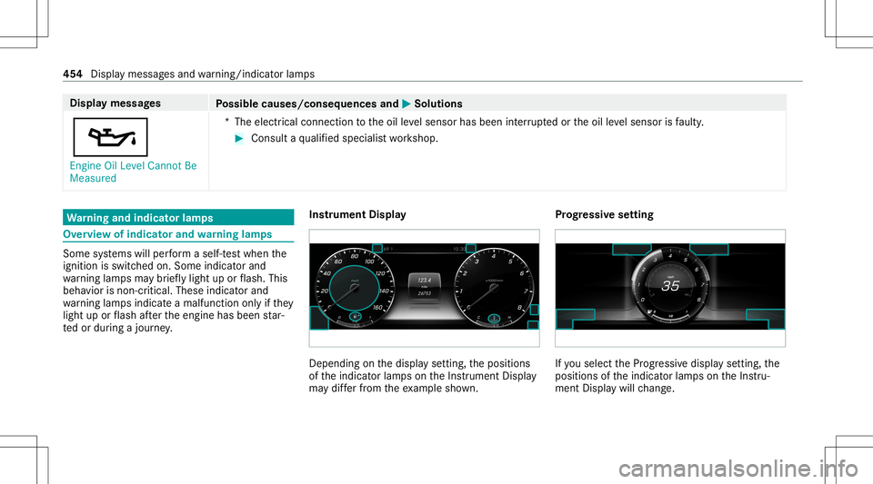 MERCEDES-BENZ S-CLASS CABRIOLET 2021  Owners Manual Disp
laymes sages
Possible causes/conseq uencesand0050 0050
Solutions
00B3 En gine OilLevel Cannot Be
Measured *T
heelectr icalconn ection totheoil leve lsen sor has been interru pte dor theoil leve l