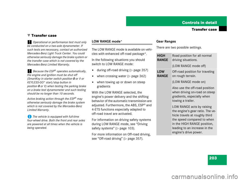 MERCEDES-BENZ GL450 2007 X164 Owners Manual 203 Controls in detail
Transfer case
Transfer case
LOW RANGE mode*
The LOW RANGE mode is available on vehi-
cles with enhanced off-road package*.
In the following situations you should
switch to LOW MERCEDES-BENZ GL450 2007 X164 Owners Manual 203 Controls in detail
Transfer case
Transfer case
LOW RANGE mode*
The LOW RANGE mode is available on vehi-
cles with enhanced off-road package*.
In the following situations you should
switch to LOW