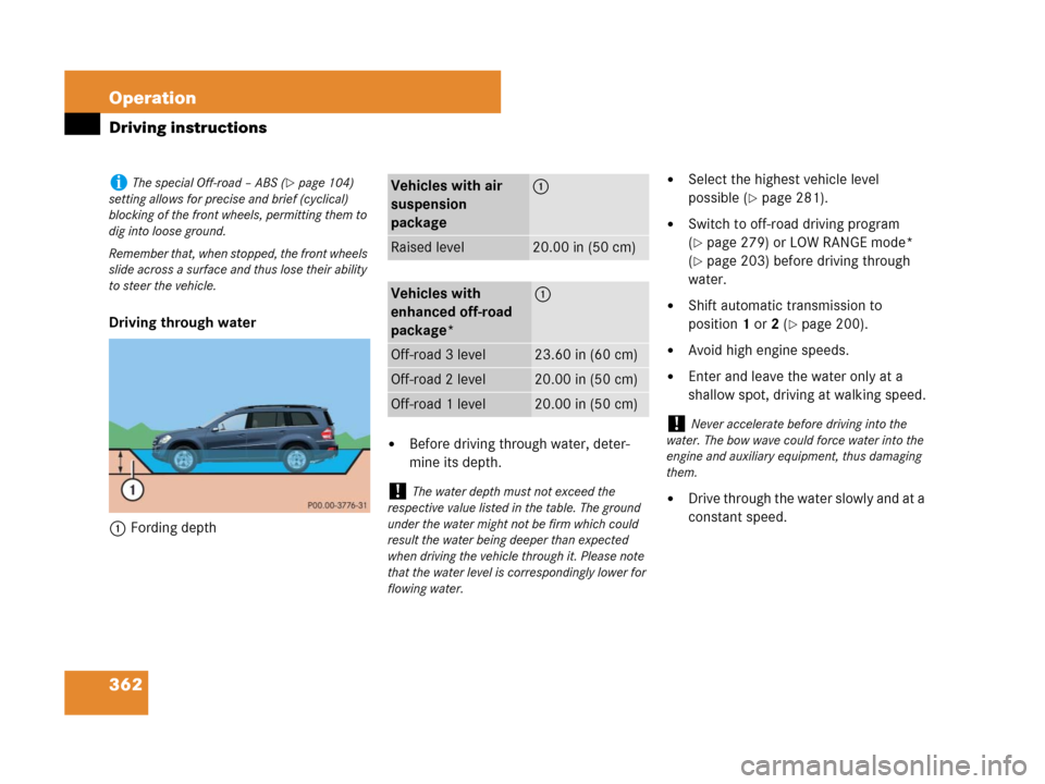 MERCEDES-BENZ GL450 2007 X164 Owners Manual 362 Operation
Driving instructions
Driving through water
1Fording depth
Before driving through water, deter-
mine its depth.
Select the highest vehicle level
possible (
page 281).
Switch to off-r MERCEDES-BENZ GL450 2007 X164 Owners Manual 362 Operation
Driving instructions
Driving through water
1Fording depth
Before driving through water, deter-
mine its depth.
Select the highest vehicle level
possible (
page 281).
Switch to off-r