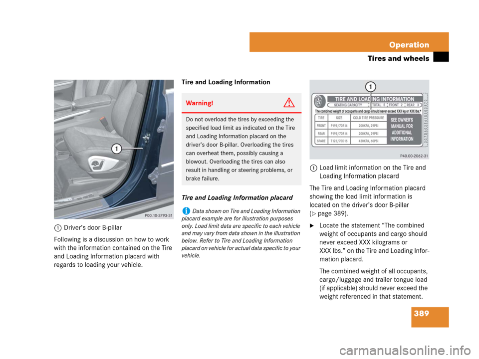 MERCEDES-BENZ GL450 2007 X164 Owners Manual 389 Operation
Tires and wheels
1Driver’s door B-pillar
Following is a discussion on how to work
with the information contained on the Tire
and Loading Information placard with
regards to loading MERCEDES-BENZ GL450 2007 X164 Owners Manual 389 Operation
Tires and wheels
1Driver’s door B-pillar
Following is a discussion on how to work
with the information contained on the Tire
and Loading Information placard with
regards to loading