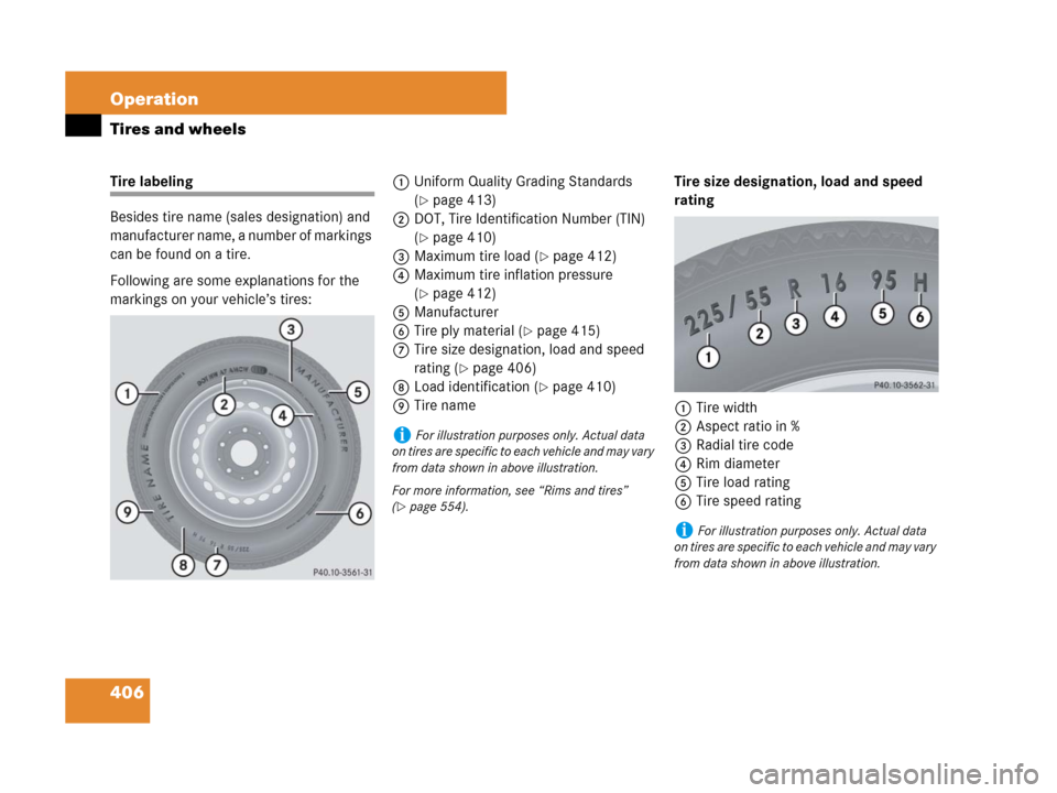 MERCEDES-BENZ GL450 2007 X164 Owners Manual 406 Operation
Tires and wheels
Tire labeling
Besides tire name (sales designation) and
manufacturer name, a number of markings
can be found on a tire.
Following are some explanations for the
markin MERCEDES-BENZ GL450 2007 X164 Owners Manual 406 Operation
Tires and wheels
Tire labeling
Besides tire name (sales designation) and
manufacturer name, a number of markings
can be found on a tire.
Following are some explanations for the
markin
