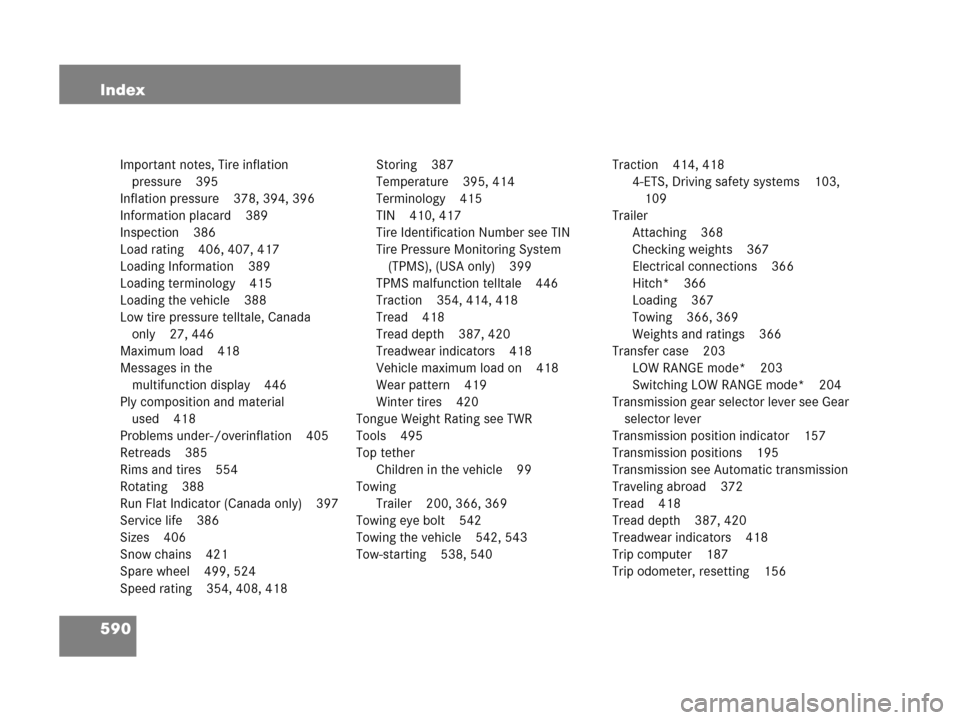 MERCEDES-BENZ GL450 2007 X164 Owners Manual 590 Index
Important notes, Tire inflation
pressure 395
Inflation pressure 378, 394, 396
Information placard 389
Inspection 386
Load rating 406, 407, 417
Loading Information 389
Loading terminology 41 MERCEDES-BENZ GL450 2007 X164 Owners Manual 590 Index
Important notes, Tire inflation
pressure 395
Inflation pressure 378, 394, 396
Information placard 389
Inspection 386
Load rating 406, 407, 417
Loading Information 389
Loading terminology 41