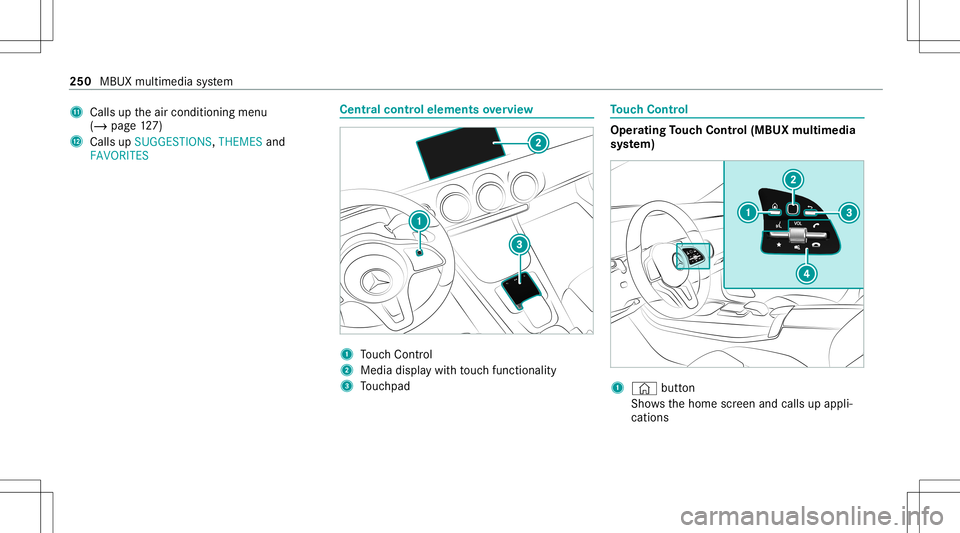 MERCEDES-BENZ A-CLASS SEDAN 2020  Owners Manual B
Calls uptheair con ditionin gmenu
(/ page12 7)
C Calls up SUGG ESTIONS ,THEMES and
FAVORIT ES Ce
ntr alco ntr olele ments overview 1
Touc hCon trol
2 Media displaywit hto uc hfun ction alit y
3 Touc