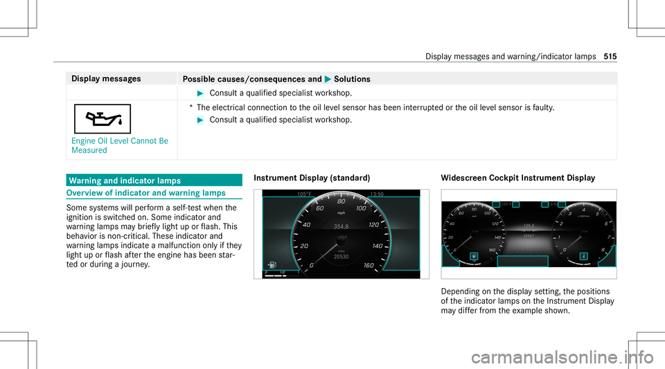 MERCEDES-BENZ A-CLASS SEDAN 2020  Owners Manual Disp
laymes sages
Possible causes/conseq uencesand0050 0050
Solutions #
Consult aqu alif ied spec ialistwo rkshop.
00B3 Engine OilLevel Cannot Be
Measured *T
heelectr icalconn ection totheoil leve lse