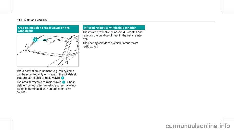 MERCEDES-BENZ E-CLASS WAGON 2020  Owners Manual Ar
ea per mea bletoradio wav eson the
wind shield Ra
dio-co ntro lled equipmen t,e.g. tollsy stems,
can bemount edonlyon areas ofthewindshield
th at areper meabl eto radio wav es1.
The area per meable