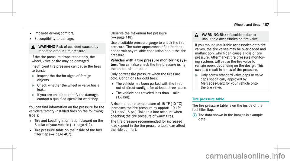 MERCEDES-BENZ E-CLASS WAGON 2020 Owners Manual R
Impai reddr iving comfort.
R Suscep tibilitytodamag e. &
WARNIN GRisk ofacci dent caused by
re peat eddrop intirepr essur e
If th etir epr essur edr ops repeat edly,th e
wheel, valve or tirema ybe d MERCEDES-BENZ E-CLASS WAGON 2020 Owners Manual R
Impai reddr iving comfort.
R Suscep tibilitytodamag e. &
WARNIN GRisk ofacci dent caused by
re peat eddrop intirepr essur e
If th etir epr essur edr ops repeat edly,th e
wheel, valve or tirema ybe d