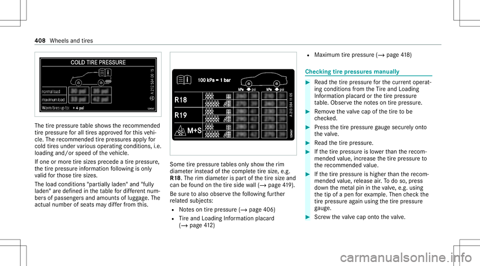 MERCEDES-BENZ E-CLASS WAGON 2020 Owners Manual The
tirepr essur eta ble showsthere comme nded
tir epr ess urefo rall tires app rove dfo rth is vehi‐
cle. The recomme ndedtirepr ess ures apply for
cold tires und ervarious oper ating condit ions,i MERCEDES-BENZ E-CLASS WAGON 2020 Owners Manual The
tirepr essur eta ble showsthere comme nded
tir epr ess urefo rall tires app rove dfo rth is vehi‐
cle. The recomme ndedtirepr ess ures apply for
cold tires und ervarious oper ating condit ions,i