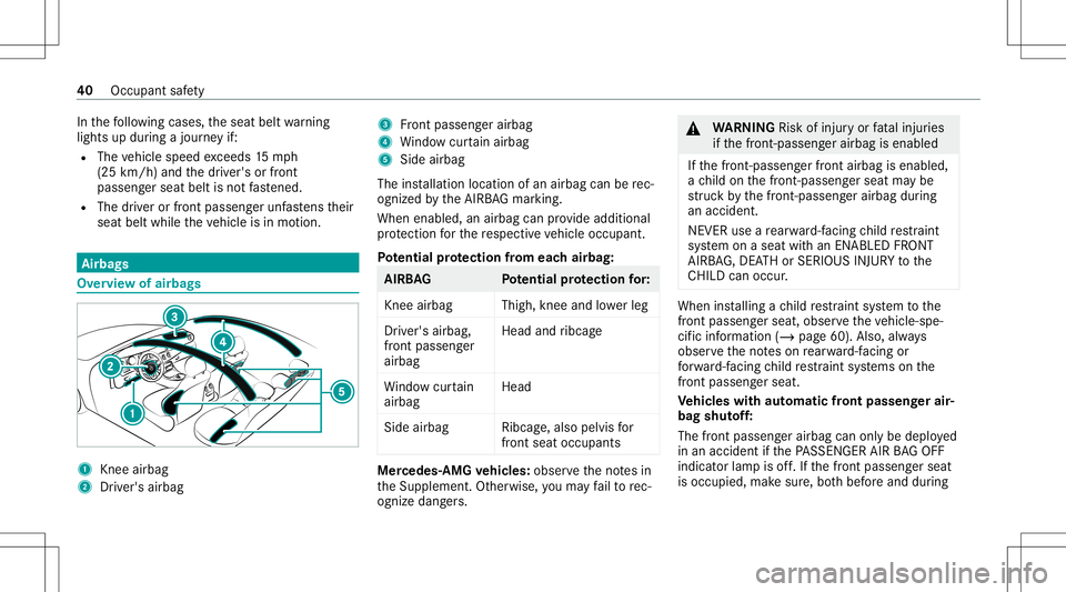 MERCEDES-BENZ E-CLASS WAGON 2020  Owners Manual In
thefo llo wing cases ,th eseat beltwarning
light sup dur ing ajour neyif:
R The vehicle speed exceeds 15mp h
(25 km/ h)and thedr iver's orfront
passeng erseat beltisno tfa stened.
R The driver 