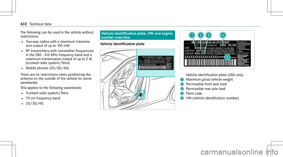 MERCEDES-BENZ E-CLASS SEDAN 2020  Owners Manual The
follo wing canbeused intheve hicle without
re strictions :
R Two-w ayradios withamaximum transmis ‐
sion output ofup to100mW
R RFtransmi tter swit htransmi tter freq uenci es
in the380 -41 0MHz 