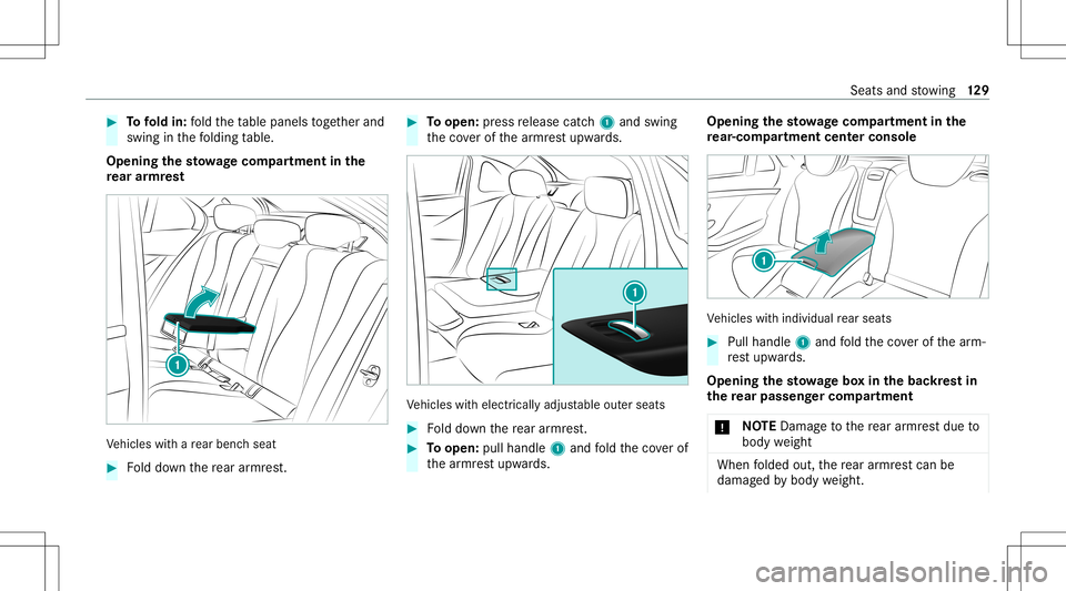 MERCEDES-BENZ S-CLASS 2020  Owners Manual #
Tofold in: fold thet able panel stogether and
swing inthef olding table.
Opening thes towa ge com partmen tint he
re ar armr est Ve
hicles withar earbenc hseat #
Folddo wn ther ear armr est. #
Toope