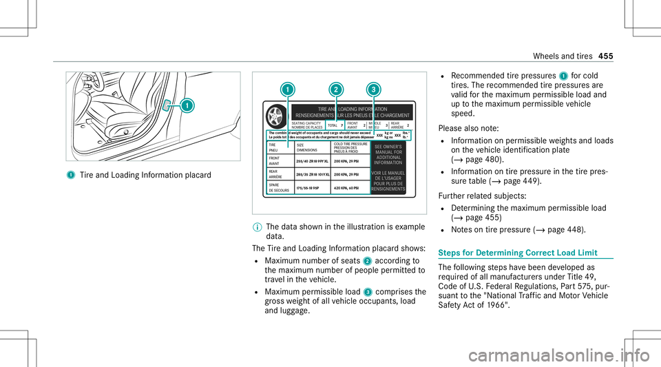 MERCEDES-BENZ S-CLASS 2020  Owners Manual 1
Tire and Loadi ngInfo rm atio nplacar d %
The datashown inthei llus tration isexam ple
dat a.
The Tire and Loadi ngInfo rm atio nplacar dshows :
R Maximum numberofseats 2accor dingto
th em aximum nu