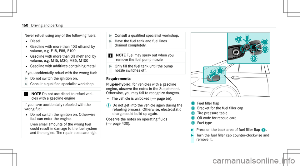 MERCEDES-BENZ C-CLASS SEDAN 2020  Owners Manual Ne
verre fuel using anyof thefo llo wing fuels:
R Dies el
R Gasoline withmor eth an 10%ethanol by
vo lume, e.g.E15, E8 5,E100
R Gasoline withmor eth an 3% methano lby
vo lume, e.g.M15,M30 ,M85 ,M1 00
