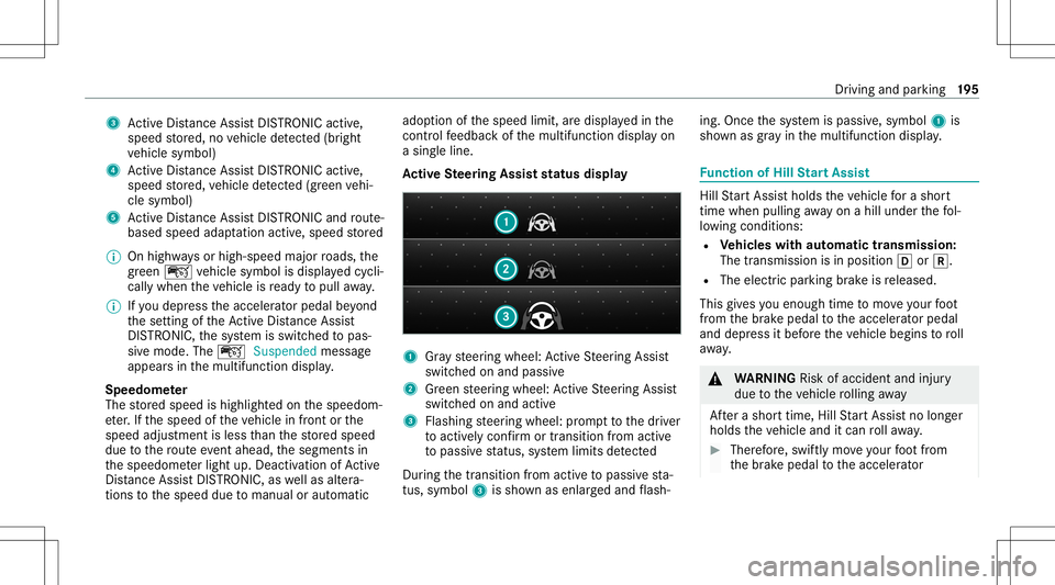 MERCEDES-BENZ C-CLASS SEDAN 2020  Owners Manual 3
ActiveDis tance AssistDIS TRONI Cacti ve,
speed stor ed, novehicle detected (brigh t
ve hicle symbol)
4 ActiveDis tance AssistDIS TRONI Cacti ve,
speed stor ed, vehicle detected (green vehi‐
cle s