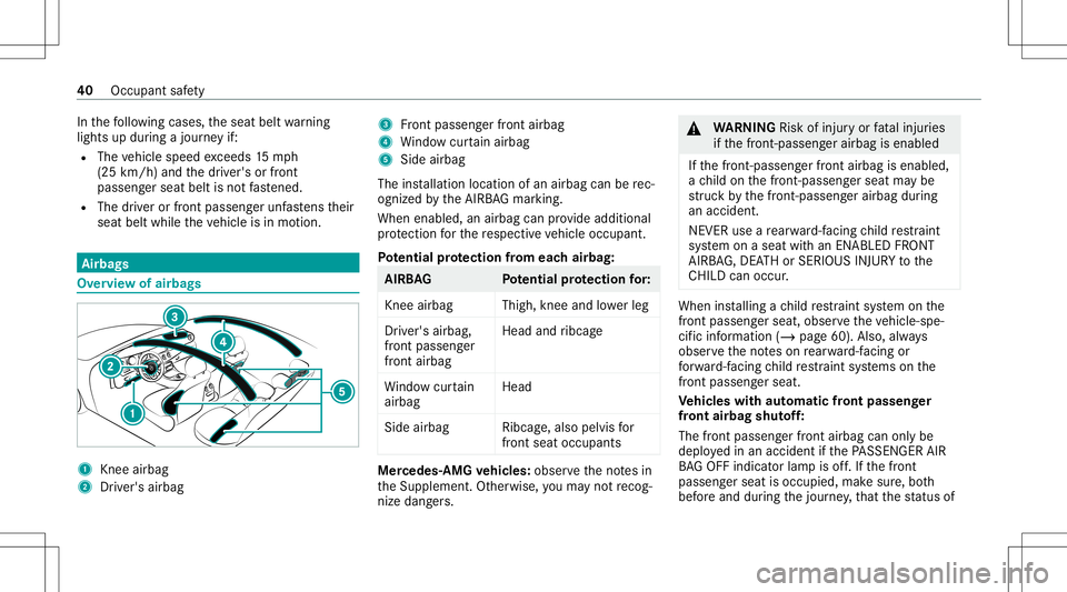MERCEDES-BENZ C-CLASS SEDAN 2020  Owners Manual In
thefo llo wing cases ,th eseat beltwarning
light sup dur ing ajour neyif:
R The vehicle speed exceeds 15mp h
(25 km/ h)and thedr iver's orfront
passeng erseat beltisno tfa stened.
R The driver 