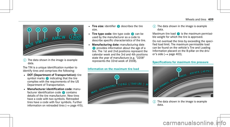 MERCEDES-BENZ C-CLASS SEDAN 2020  Owners Manual %
The datasho wnintheimag eis exam ple
dat a.
The TINisauniq ueiden tificat ion num berto
ident ifytires and comprises thefo llo wing:
R DOT(Depar tment ofTranspo rtation ):tir e
symb olmar ks1 indic 