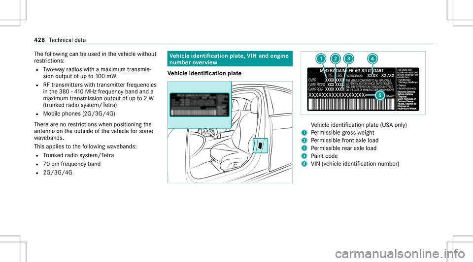 MERCEDES-BENZ C-CLASS SEDAN 2020  Owners Manual The
follo wing canbeused intheve hicle without
re strictions :
R Two-w ayradios withamaximum transmis ‐
sion output ofup to100mW
R RFtransmi tter swit htransmi tter freq uenci es
in the380 -41 0MHz 