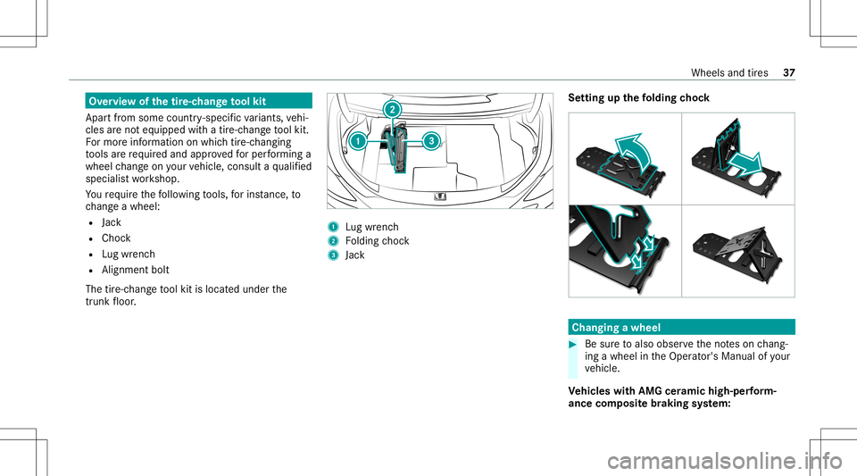 MERCEDES-BENZ C-CLASS SEDAN 2020  AMG Owners Manual Ov
ervie wof thetir e-c han getool kit
Apar tfr om some country- specif icvariant s,vehi‐
cles areno teq uipped withatir e-c hang eto ol kit.
Fo rmor einf ormation onwhi chtire-c hangi ng
to ols are