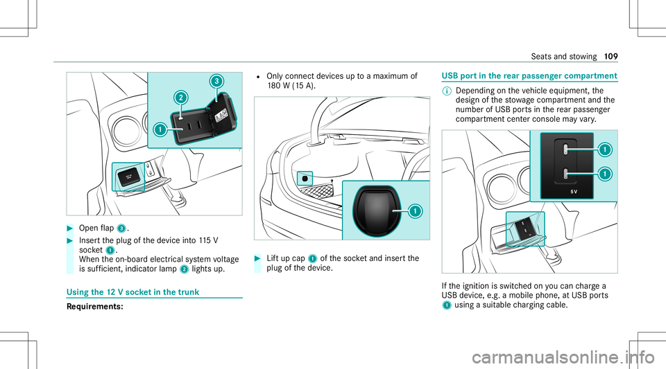 MERCEDES-BENZ CLA COUPE 2020  Owners Manual #
Open flap 3. #
Inser tth eplug ofthede vice into11 5V
soc ket1.
Wh entheon- boar delectr icalsystem voltag e
is suf ficie nt, indi catorlamp 2light sup. Using
the12 Vso cket inthetrunk Re
quirement 