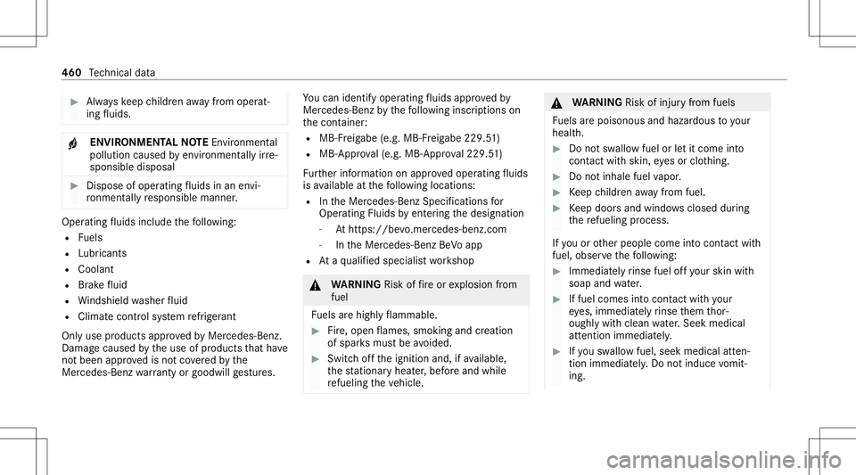 MERCEDES-BENZ CLA COUPE 2020 Owners Manual #
Alw ayske ep childr enaway from oper at‐
ing fluids. +
ENV
IRON MEN TALNO TEEnvironme ntal
po lluti on cau sed byenvironmen tally irre ‐
sponsible disposal #
Dispose ofoper ating fluids inan env MERCEDES-BENZ CLA COUPE 2020 Owners Manual #
Alw ayske ep childr enaway from oper at‐
ing fluids. +
ENV
IRON MEN TALNO TEEnvironme ntal
po lluti on cau sed byenvironmen tally irre ‐
sponsible disposal #
Dispose ofoper ating fluids inan env