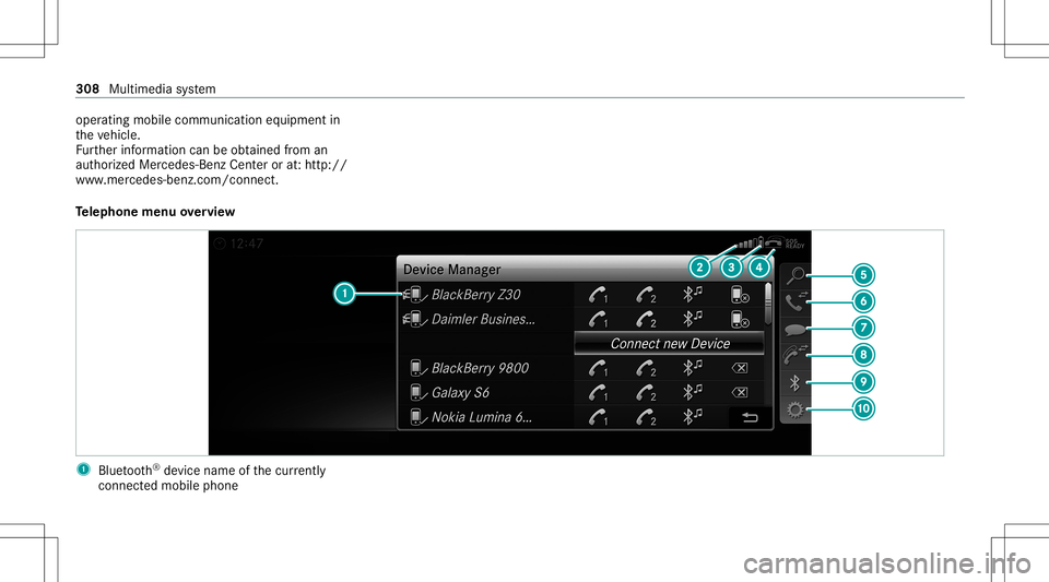MERCEDES-BENZ E-CLASS COUPE 2020  Owners Manual oper
ating mobile communic ationequipment in
th eve hicle.
Fu rther information canbeobt ained from an
aut hor ized Mercedes-Ben zCent eror at:http: //
www .mercedes-benz .com/connect.
Te lephone menu