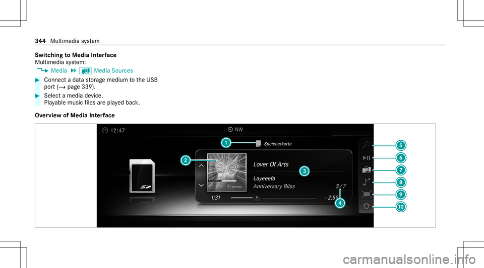 MERCEDES-BENZ E-CLASS COUPE 2020  Owners Manual Switc
hingtoMedia Interface
Mult imed iasystem:
4 Media 5
à Media Sources #
Connec ta dat ast or ag emedium totheUSB
por t(/ page339). #
Select amedia device.
Pla yable music files arepla yedbac k.
O
