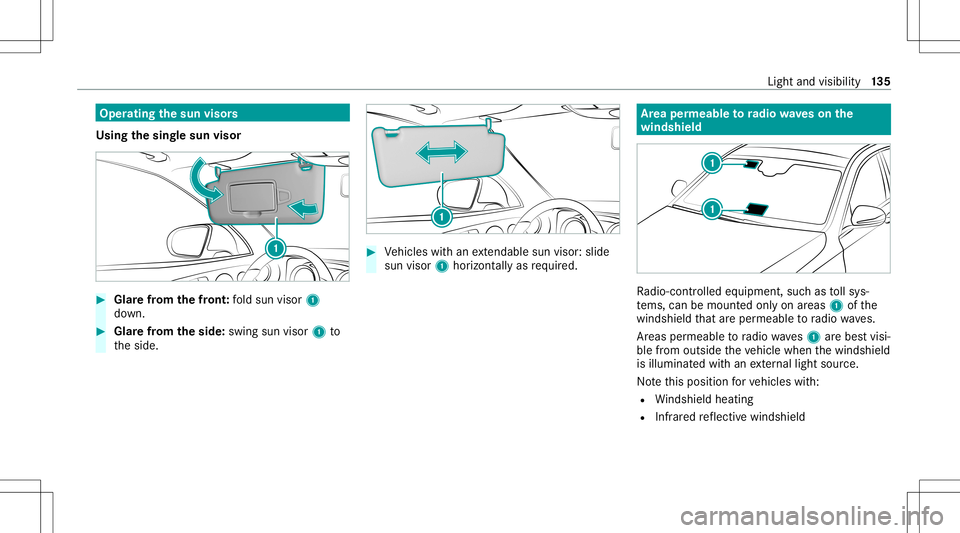 MERCEDES-BENZ AMG GT 4-DOOR COUPE 2020  AMG Owners Manual Oper
ating thesun visor s
Using thesing lesun visor #
Glarefrom thefront :fo ld sun visor 1
do wn. #
Glar efrom theside: swingsun visor1 to
th eside. #
Vehicles withan extenda ble su nvis or:sl id e
s