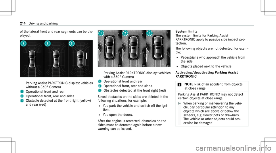 MERCEDES-BENZ AMG GT 4-DOOR COUPE 2020 AMG Owners Manual of
thelat eral front and rear segm entscan bedis‐
pla yed. Pa
rking AssistPA RK TRONI Cdisp lay: vehicles
wit hout a360° Camer a
1 Oper ational front and rear
2 Operation alfron t,re ar and sides
3 MERCEDES-BENZ AMG GT 4-DOOR COUPE 2020 AMG Owners Manual of
thelat eral front and rear segm entscan bedis‐
pla yed. Pa
rking AssistPA RK TRONI Cdisp lay: vehicles
wit hout a360° Camer a
1 Oper ational front and rear
2 Operation alfron t,re ar and sides
3